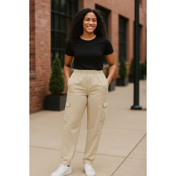 GAP Med Pants Women Cargo Pocket Elastic Waist Pull-on High-Rise Soft Twill Tan - Picture 2 of 12